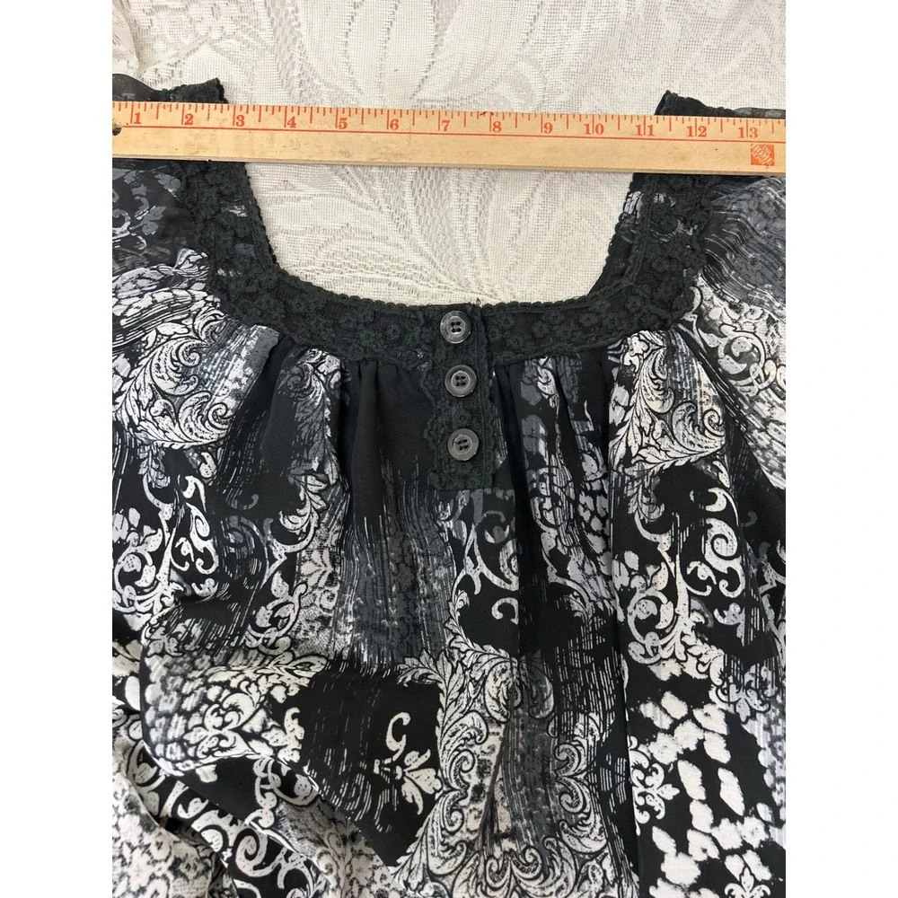 NY Collection Womens Black White Damask Chiffon Blouse Crochet Lace Trim Large - Picture 8 of 8